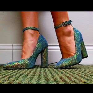 CAPE ROBBIN Pointy Toe Mermaid Glitter Ankle Strap Pump Shoe Chunky